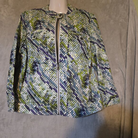 Chicos Sz 2 Snakeskin Print‎ Swifty Style Green/Purple Zip-Up Jacket Multicolor - Picture 4 of 8